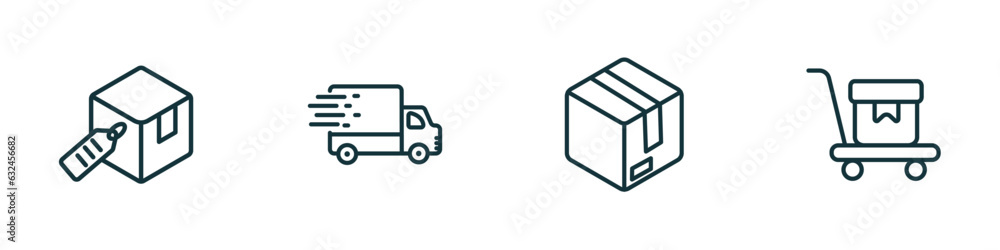 Poster set of 4 linear icons from delivery and logistic concept. outline icons included delivery tag, fast 