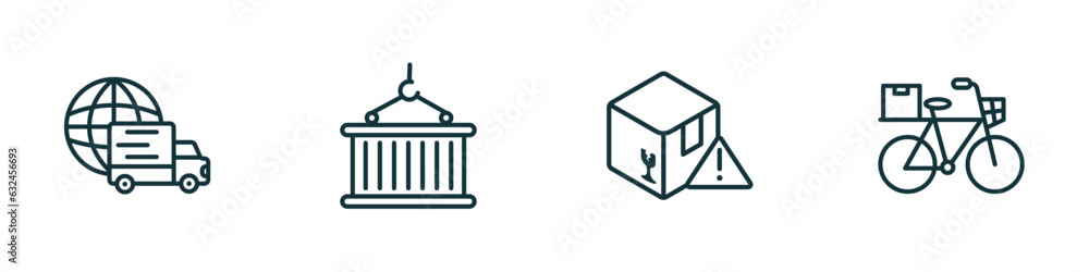 Poster set of 4 linear icons from delivery and logistic concept. outline icons included worldwide delivery,