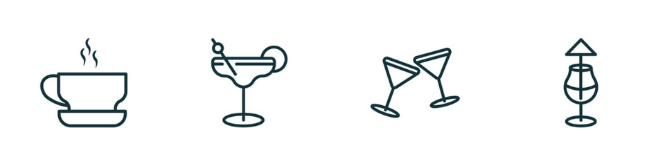 set of 4 linear icons from drinks concept. outline icons included espresso, margarita, toast, mai thai vector