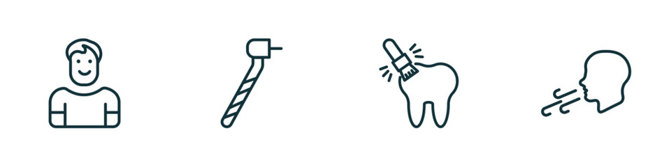 set of 4 linear icons from dentist concept. outline icons included healthy boy, dentists drill tool, sealants, breath vector