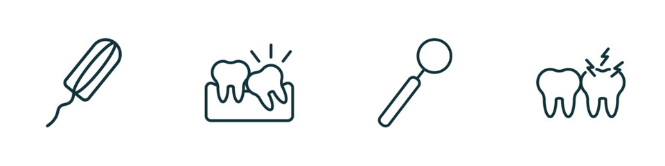 set of 4 linear icons from dentist concept. outline icons included tampon, wisdom tooth, dentist mirror, toothache vector