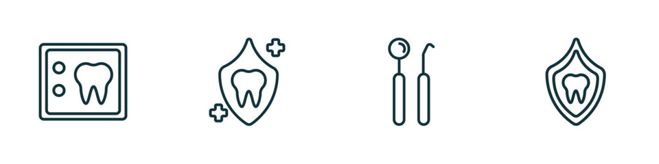 set of 4 linear icons from dentist concept. outline icons included dental x ray, dental protection, dentist tools, dental protection vector