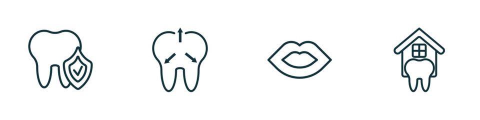 set of 4 linear icons from dentist concept. outline icons included prophylaxis, intraoral, mouth, dental house vector