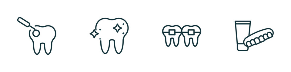 set of 4 linear icons from dentist concept. outline icons included scraping, shiny tooth, dental brackets, dentures vector