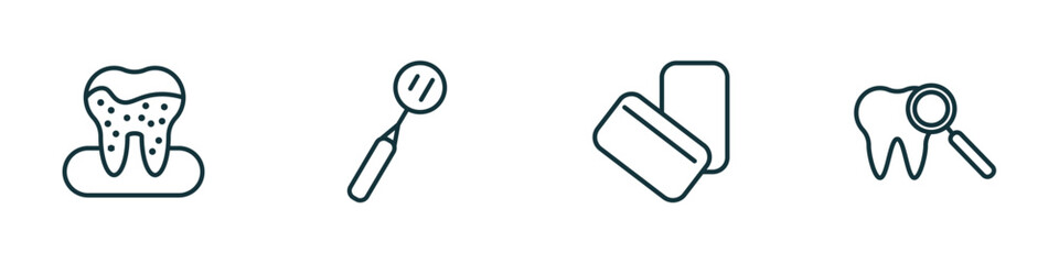 set of 4 linear icons from dentist concept. outline icons included dental plaque, mouth mirror, mint gum, check up vector