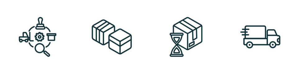 set of 4 linear icons from delivery and logistic concept. outline icons included logistics, boxes, wait time, delivery vector