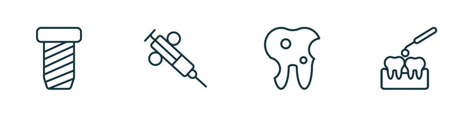 set of 4 linear icons from dentist concept. outline icons included implant fixture, dental needle, bicuspid, interproximal vector