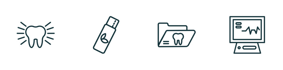 set of 4 linear icons from dentist concept. outline icons included clean tooth, chewing gum, dental folder, ekg monitor vector