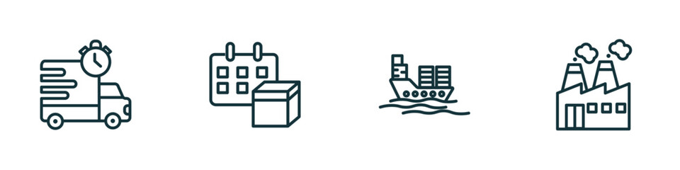 set of 4 linear icons from delivery and logistic concept. outline icons included express delivery, delivery date, logistic ship, factory vector