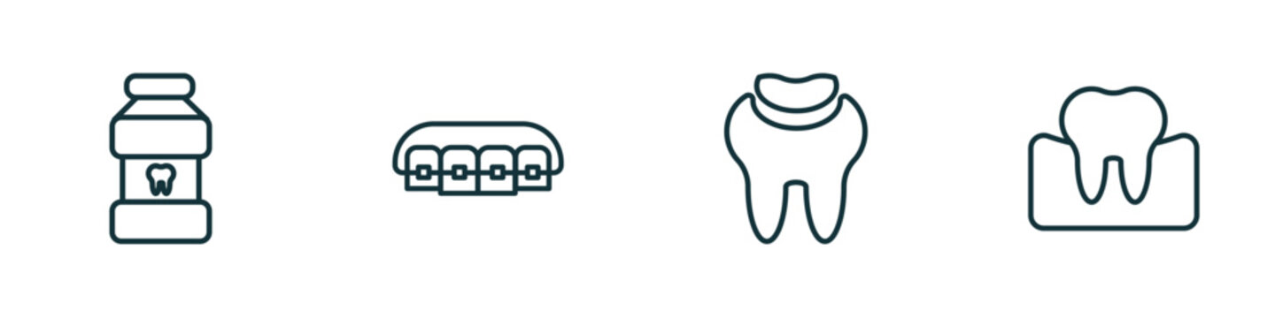 set of 4 linear icons from dentist concept. outline icons included mouth wash, lingual braces, dental filling, occlusal vector