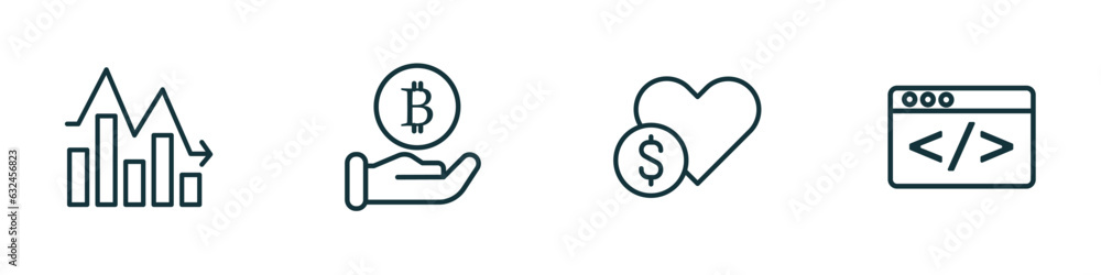 Aufkleber set of 4 linear icons from cryptocurrency concept. outline icons included fluctuation, bitcoin accep