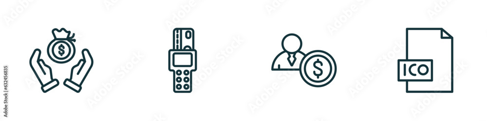 Poster set of 4 linear icons from blockchain concept. outline icons included saving, point of service, inve