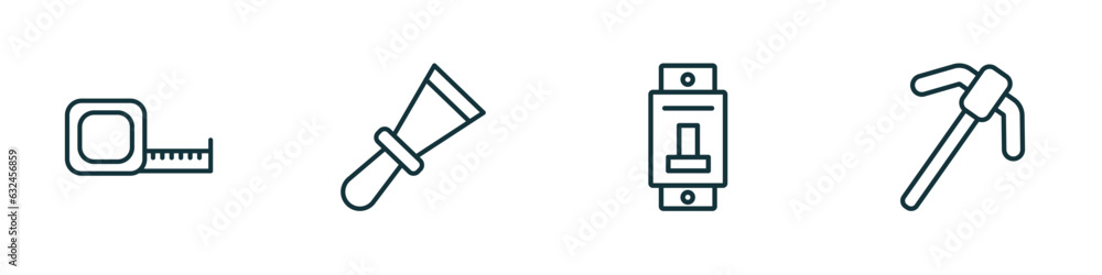 Poster set of 4 linear icons from construction tools concept. outline icons included open scale, scratcher 