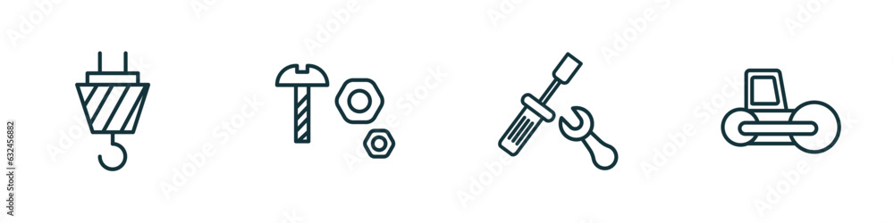 Aufkleber set of 4 linear icons from construction tools concept. outline icons included hook with cargo, nuts 