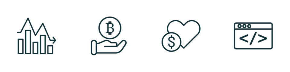 set of 4 linear icons from cryptocurrency concept. outline icons included fluctuation, bitcoin accepted, donate, programming vector