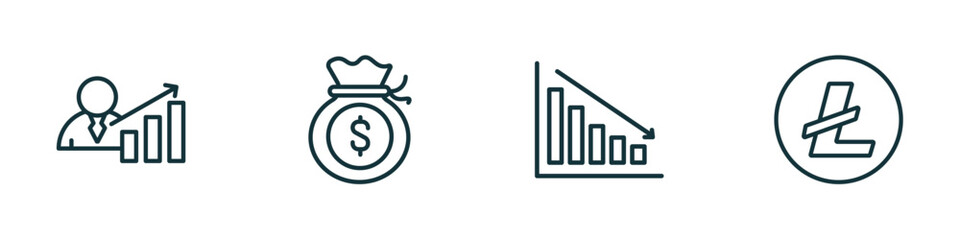 set of 4 linear icons from cryptocurrency concept. outline icons included economist, income, loss, vector