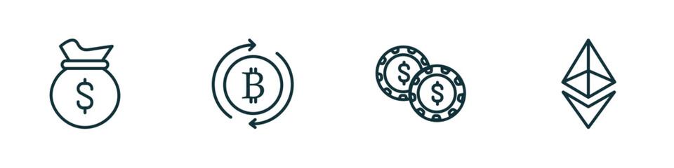 set of 4 linear icons from cryptocurrency concept. outline icons included money bag, currency circulate, casino chips, vector