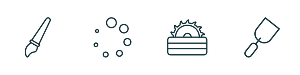 set of 4 linear icons from construction tools concept. outline icons included paint brush, loader, carpenter cutter, gardening palette vector