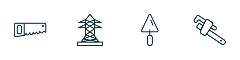 set of 4 linear icons from construction tools concept. outline icons included saw, electric tower, trowel, stillson wrench vector