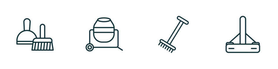 set of 4 linear icons from construction tools concept. outline icons included dustpan and brush, concrete mixer, gardening rake, bump cutter vector