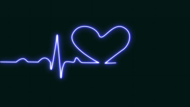 heartbeat pulse rate glowing blue love shaped neon light loop animated blue grid background. EKG Screen, Blue Grid. Heart rate monitor.  Medical healthcare concept. 4k footage and 3D render
