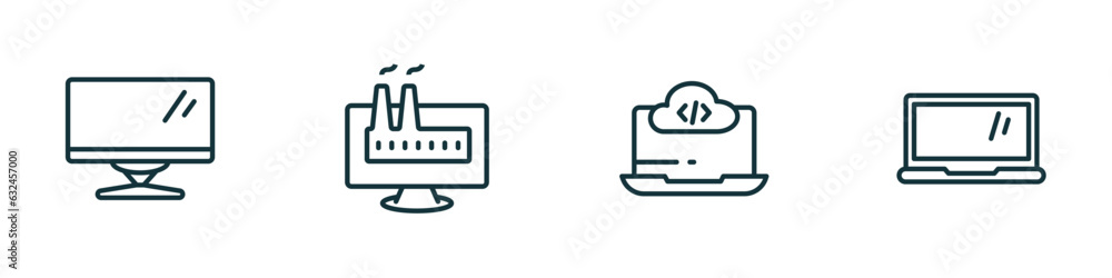 Poster set of 4 linear icons from computer concept. outline icons included computer monitor, industrial, co