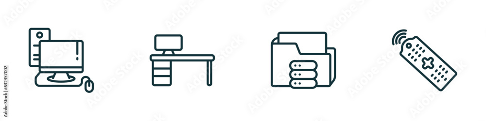 Poster set of 4 linear icons from computer concept. outline icons included computer, boss office, connected