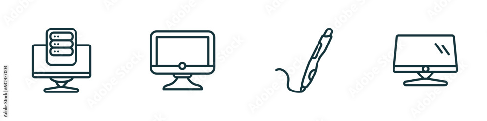 Poster set of 4 linear icons from computer concept. outline icons included pc storage, full computer, 3d pr