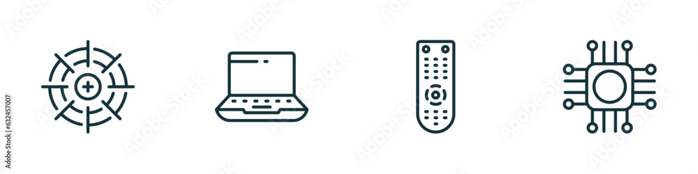 Poster set of 4 linear icons from computer concept. outline icons included calibrate, widescreen laptop, tv