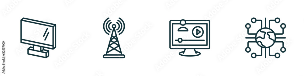 Poster set of 4 linear icons from computer concept. outline icons included 3d screen, wireless connectivity