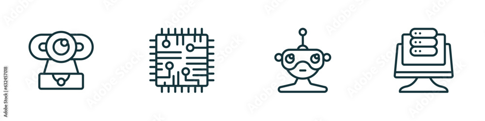 Poster set of 4 linear icons from computer concept. outline icons included webcamera, chips, robotics, data