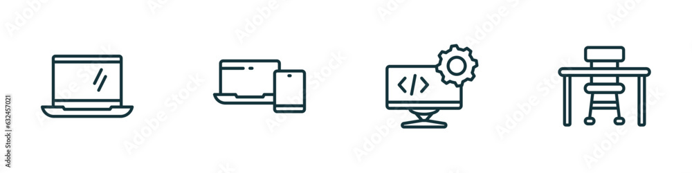 Poster set of 4 linear icons from computer concept. outline icons included open laptop on, device, develope
