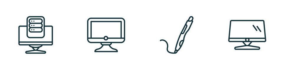 set of 4 linear icons from computer concept. outline icons included pc storage, full computer, 3d printing pen, monitor screen vector
