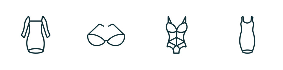 set of 4 linear icons from clothes concept. outline icons included long sleeveless dress, cat eye glasses, lingerie, cocktail dress vector