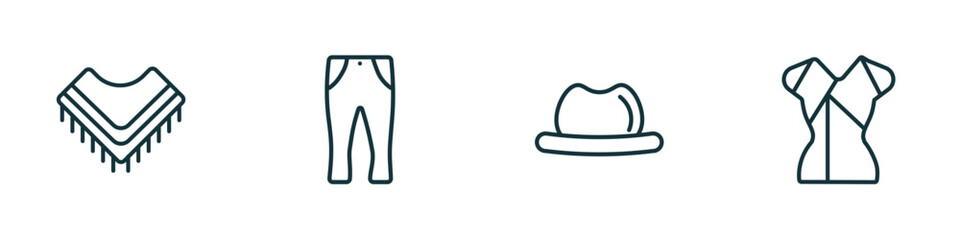 set of 4 linear icons from clothes concept. outline icons included shawl, slim fit pants, men hat, chiffon suffle blouse vector