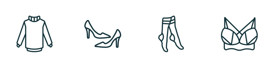 set of 4 linear icons from clothes concept. outline icons included turtleneck, high heel, women socks, brassiere vector
