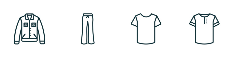 set of 4 linear icons from clothes concept. outline icons included denim jacket, flare pants, t-shirt, henley shirt vector