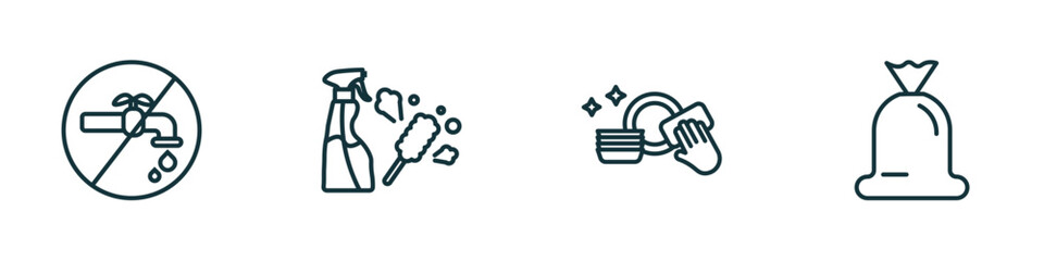 set of 4 linear icons from cleaning concept. outline icons included no water cleanin, cleaning tools, washing plate, trash bag vector