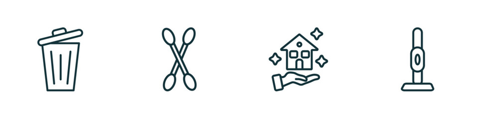 set of 4 linear icons from cleaning concept. outline icons included garbage, tampon cleanin, clean-living, vacuum cleanin vector