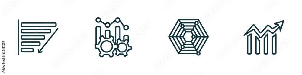 Poster set of 4 linear icons from business and analytics concept. outline icons included depleting chart, p