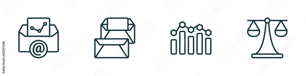 Poster set of 4 linear icons from business and analytics concept. outline icons included email analytics, c