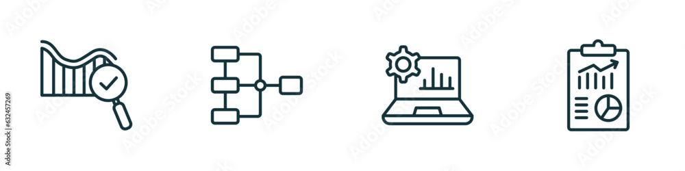 Poster set of 4 linear icons from business and analytics concept. outline icons included search analytics, 