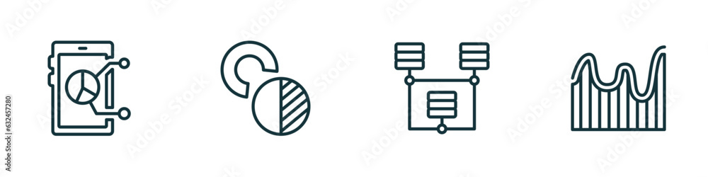 Poster set of 4 linear icons from business and analytics concept. outline icons included mobile stock data,