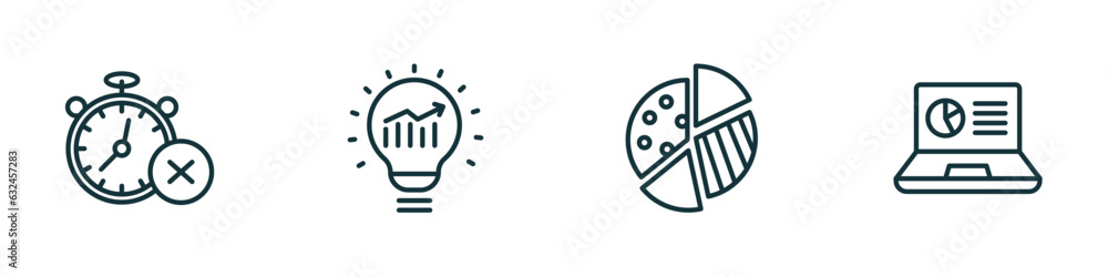Poster set of 4 linear icons from business and analytics concept. outline icons included time out, solution