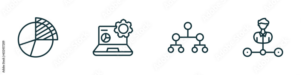 Poster set of 4 linear icons from business and analytics concept. outline icons included data analysis pie 