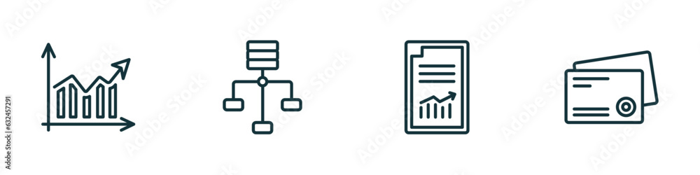 Poster set of 4 linear icons from business and analytics concept. outline icons included increasing stocks,