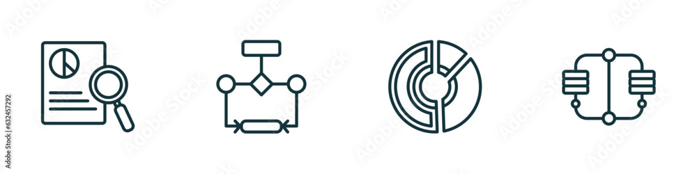 Poster set of 4 linear icons from business and analytics concept. outline icons included investigate, flow 