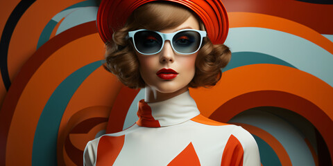 retro style fashion woman with sunglasses and hat in front of abstract background