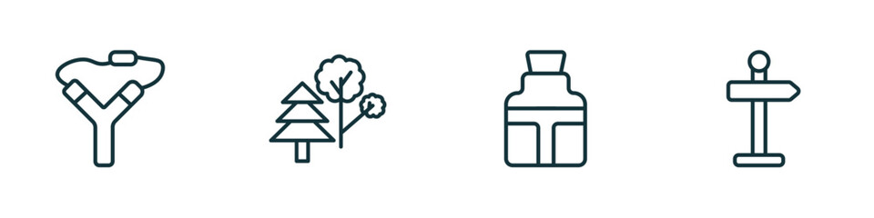 set of 4 linear icons from camping concept. outline icons included slingshot, trees, flask, direction vector