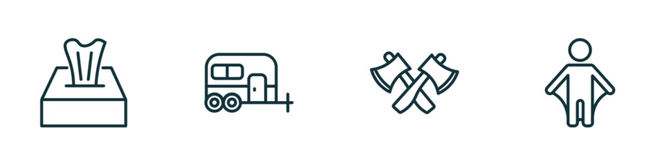 set of 4 linear icons from camping concept. outline icons included tissue, caravan, axes, wingsuit vector
